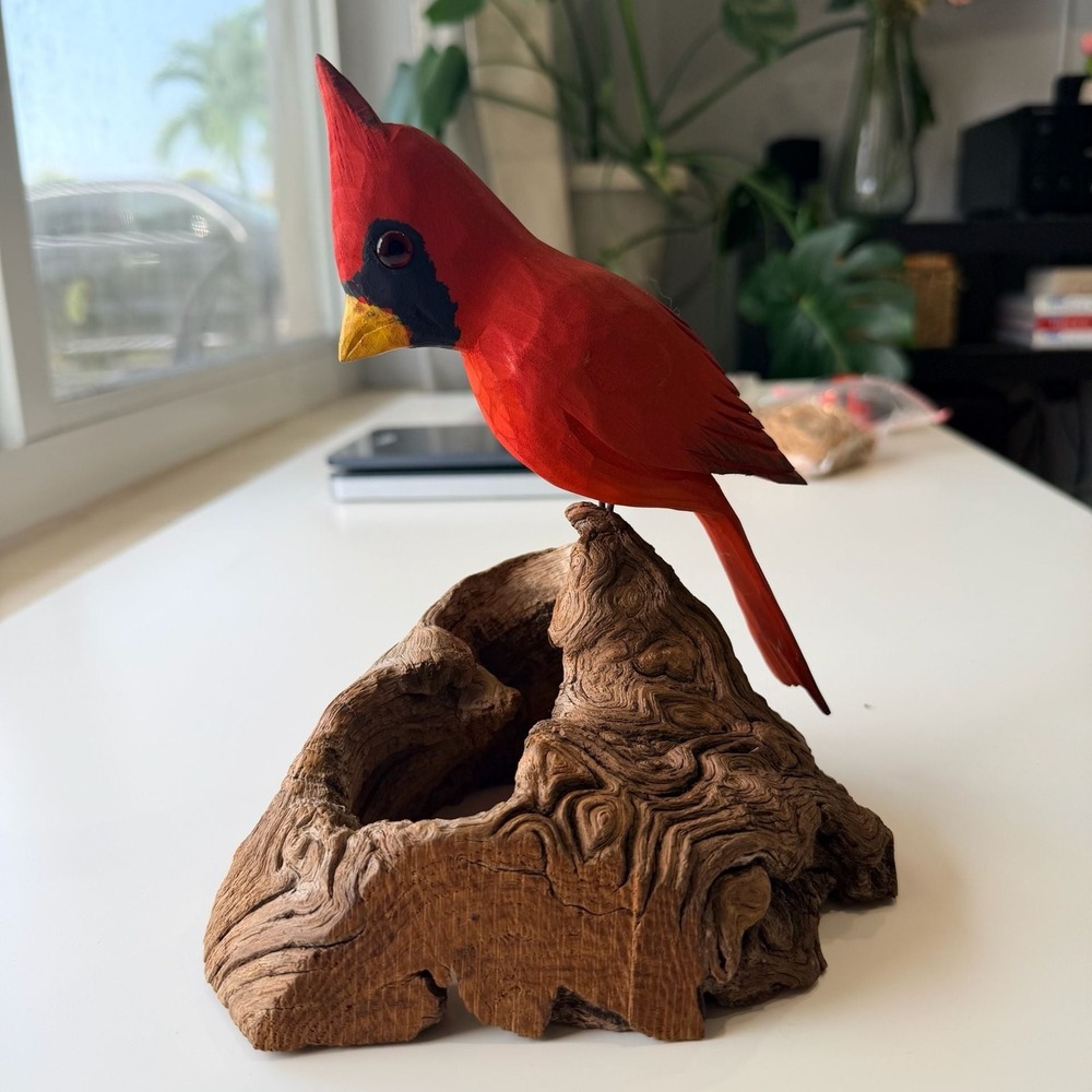 James Sheppar Hand Carved Wooden Cardinal on Natural Driftwood Base